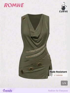 ROMWE Olive Green Grommet Detail Draped Tank
